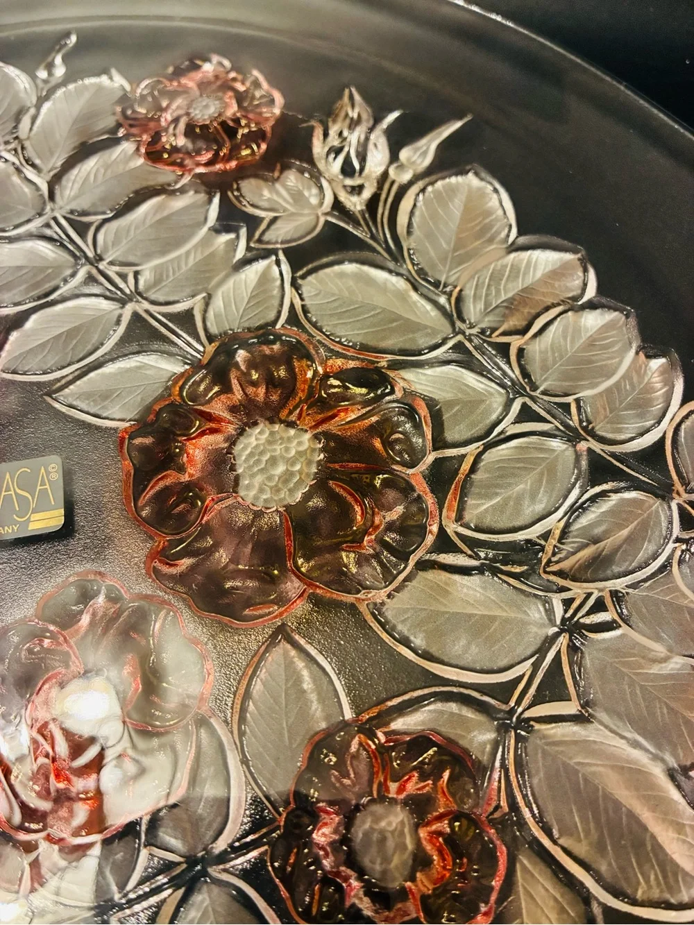 Vintage Mikasa Rosella Walther Pink Glass Platter With Frosted and Pink Flowers